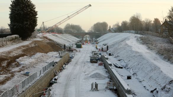 Platform foundations being laid in the snow at Winslow station as part of the East West Rail project.jpg