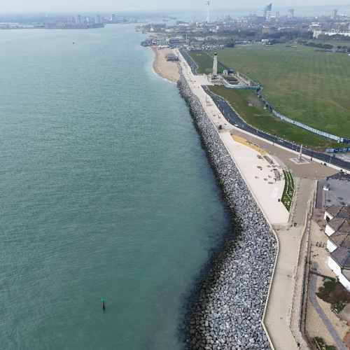 Aerial view of promenade at Southsea with beach and sea to the left