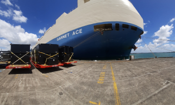 pontoons on HGV lorry by shipping container at Dover port