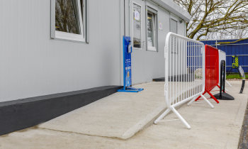 Entrance to construction accommodation cabin