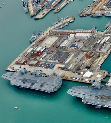 Aerial shot showing ships berthed in Portsmouth