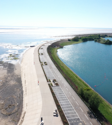Aerial shot showing the Fairhaven Coastal scheme, with Fairhaven lake on the right
