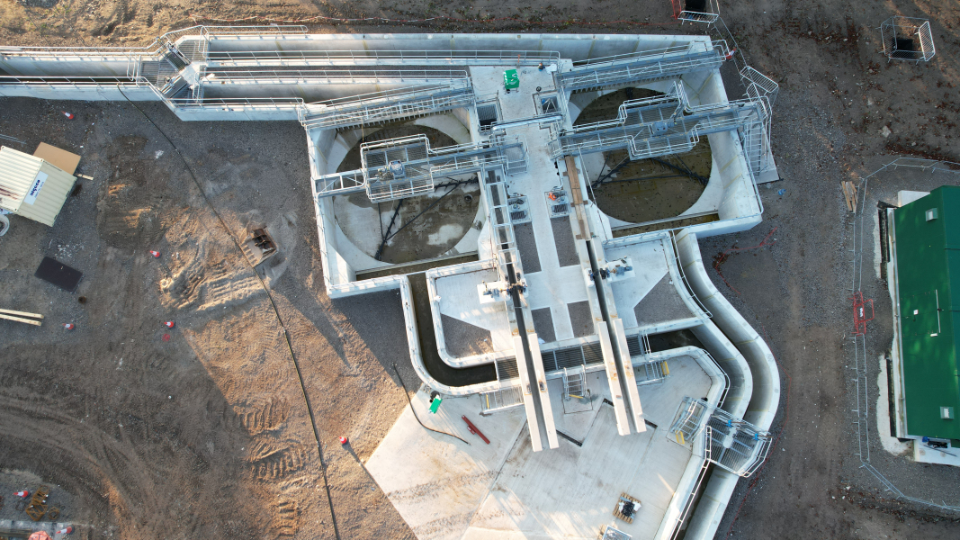 Aerial view of construction on a wastewater treatment works