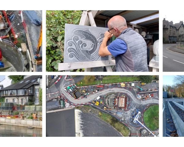 Montage of images showing construction work and flood defences such as walls and glass panels alongside a river