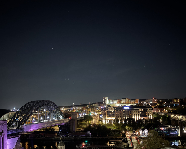 Aerial photo of Newcastle with Gateshead Bridge in the evening