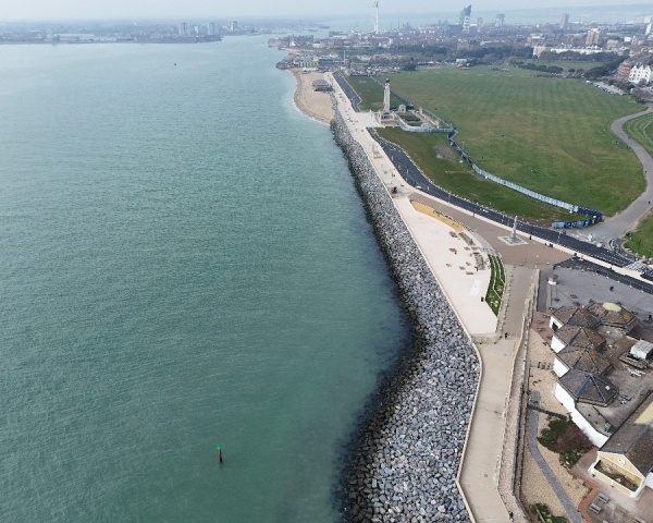 Aerial view of promenade at Southsea with beach and sea to the left