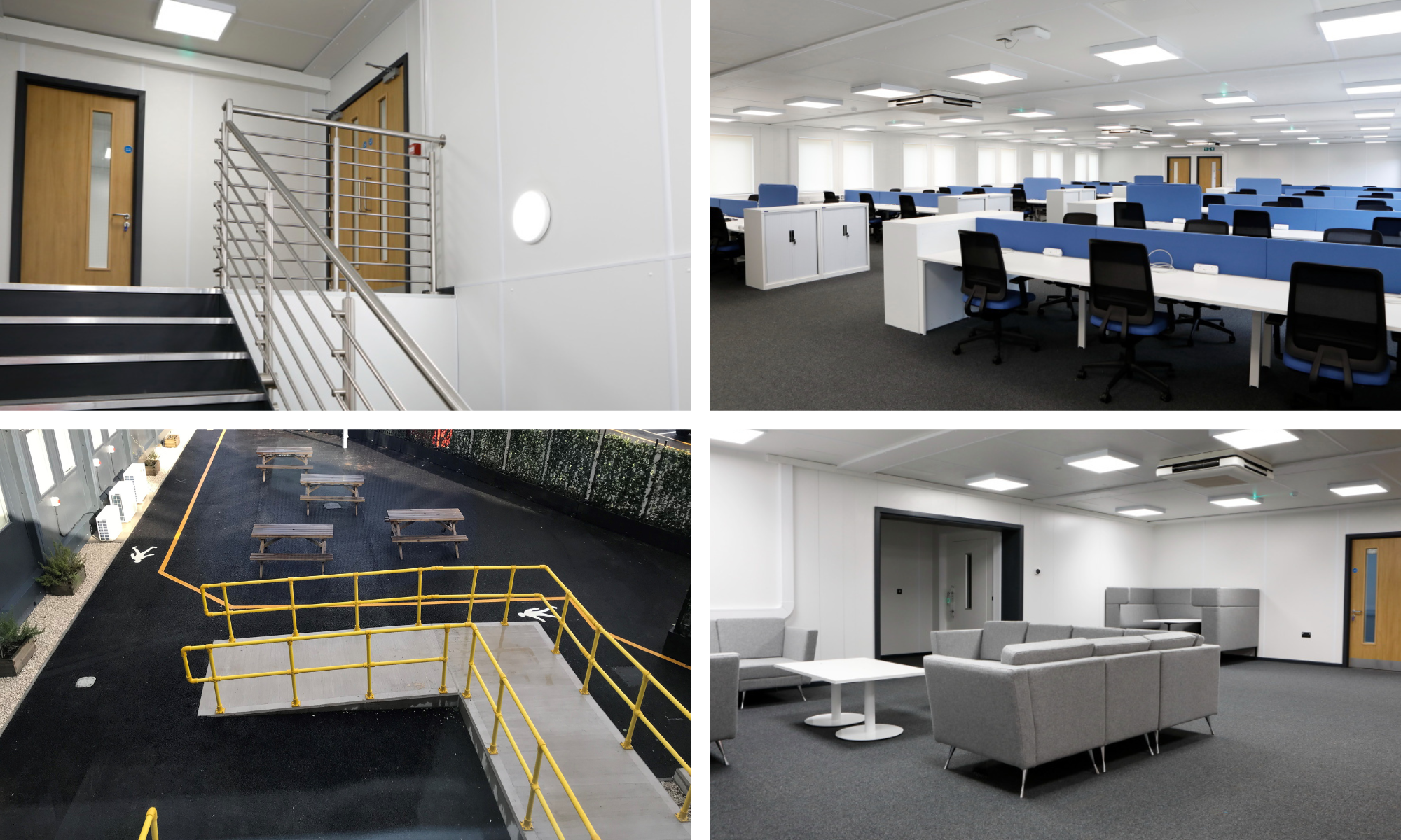 Four photos showing inside the accommodation units, staircase, office space and break out area