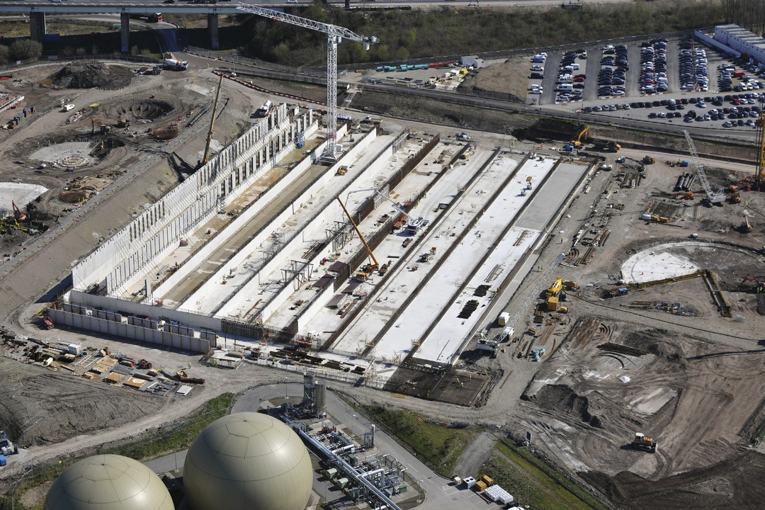 Construction on a wastewater treatment works showing a crane