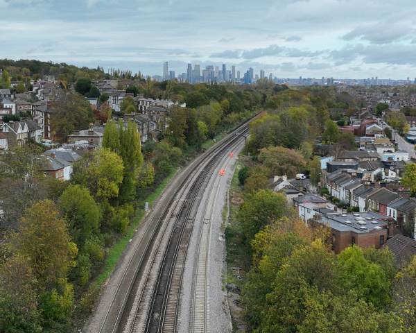 Aerial view of track between Honor Oak Park and Brockley looking north.JPG